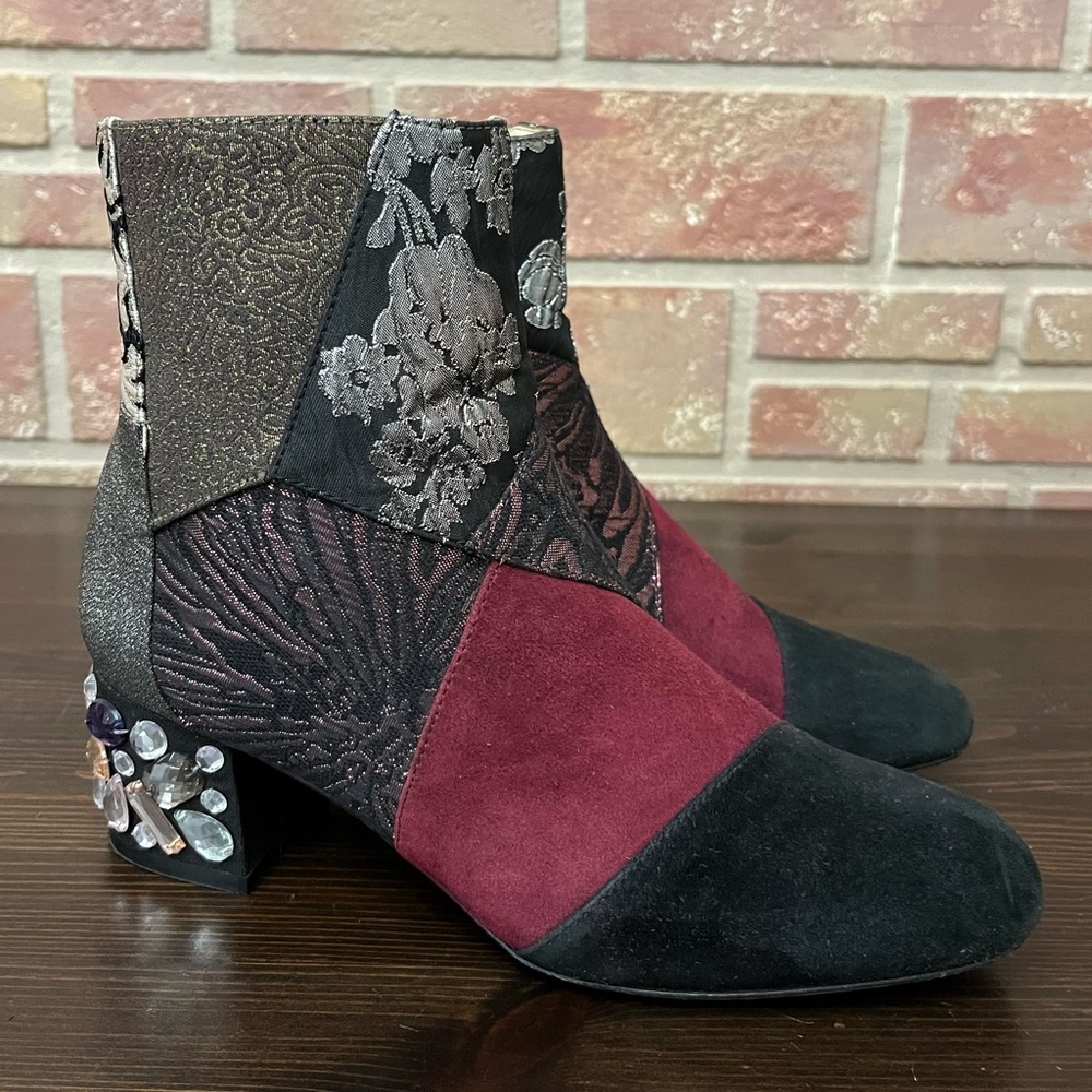Anthropologie Bettye Muller Ankle Boots Womens 7.5 Suede Patchwork Rhinestones
